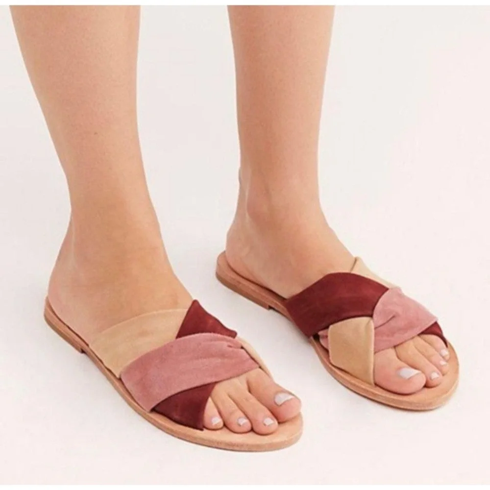 Free People Rio Vista Rose Suede Slide Sandals Burgundy Pink Tan EU 37 US 7